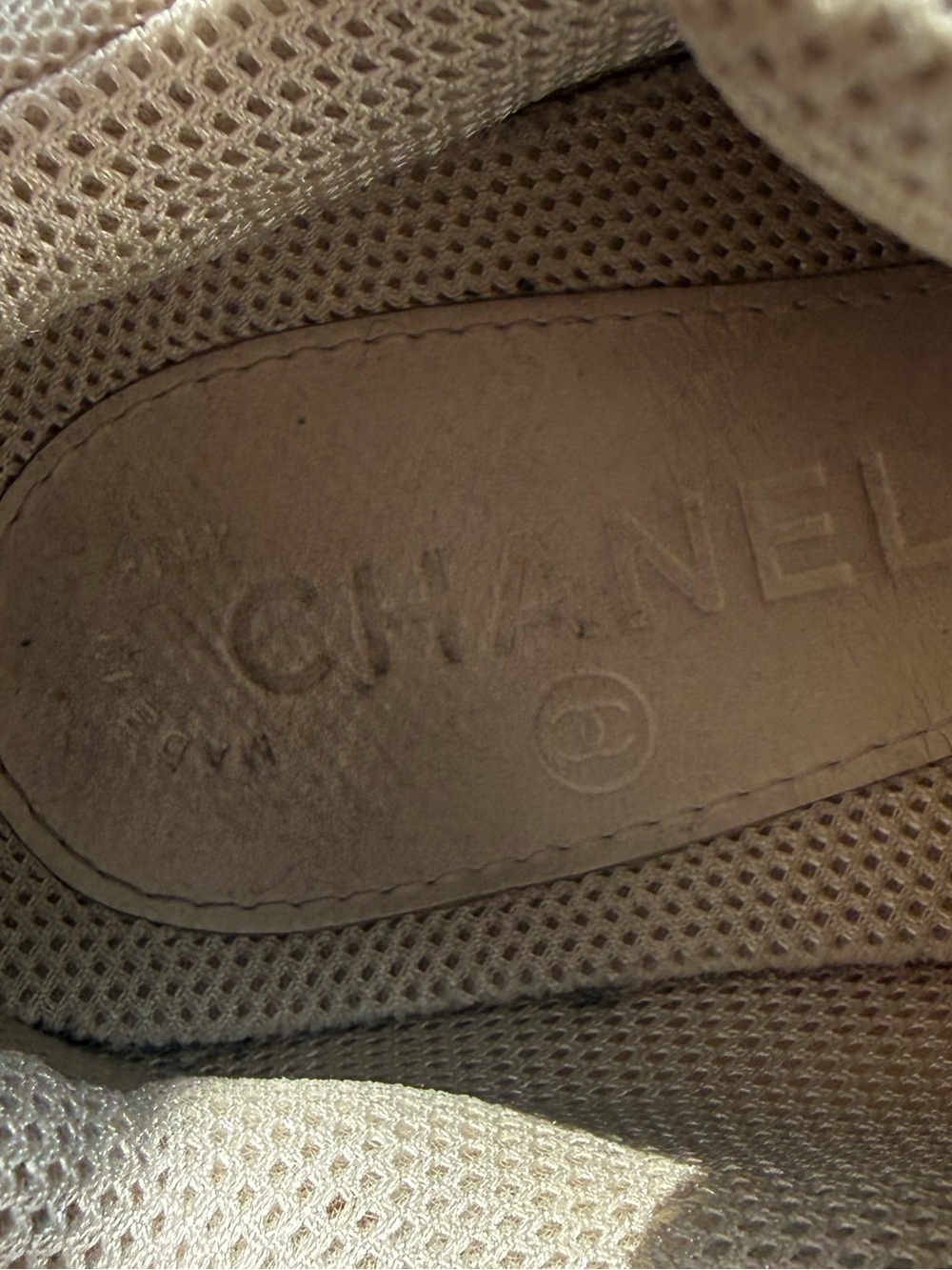 VINTAGE CHANEL White Leather & Suede CC Trainer with Pink, Green & Yellow Accent - Picture 6 of 11